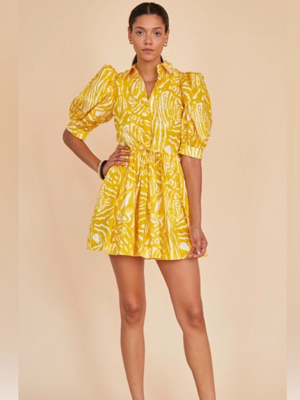 HUNTER BELL McCauley Yellow Printed Puff-Sleeve Mini Dress